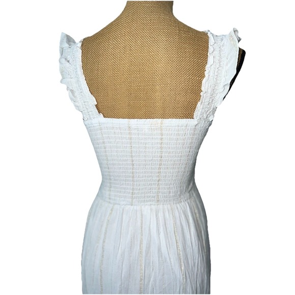 Ultra Flirt White Smocked Maxi Dress Gold Stripe Tiered Sundress Juniors M - Picture 10 of 15